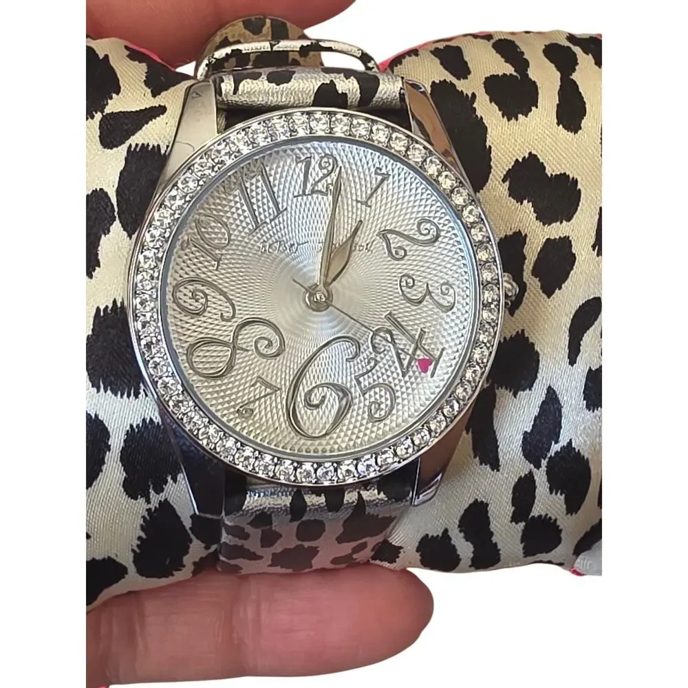 Betsey Johnson Silver Crystal Leopard Print Watch